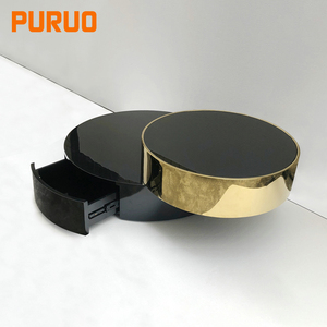 Puruo OEM Modern Luxury Sofa <strong>Table</strong> Black Stainless Steel Plated Brown Color Tempered <strong>Glass</strong> <strong>Nesting</strong> Round Coffee <strong>Table</strong> Set - Product Image 2