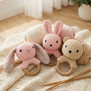 Bambola a maglia e uncinetto con campanello, Elefante, Triceratopo, Pecorella, Coniglietto, Orsetto, in lana e cotone PP, peluche a pelo corto - Product Image 3