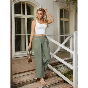 Pantalones Anchos de Cintura Alta para Mujer, Estilo Lino, Casuales, Transpirables, Tipo Palazzo, con Bolsillos, Color Verde - Product Image 3