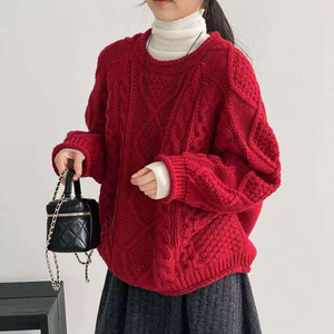 Pull d'hiver pour femmes, couleur unie, tricot torsadé, col rond, coupe ample, anti-rides - Product Image 6