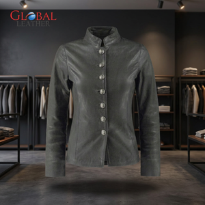 Veste en cuir de mouton véritable personnalisée de style vestimentaire à col montant et fermeture à boutons pour femme - Product Image 1