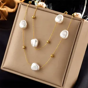 High Quality Tarnish Free Stainless Steel 18k Gold Plated Double Layer Baroque Pearl Necklace Women Jewelry