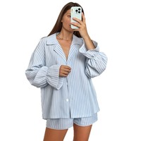 SMOOTH Fabrik Maßgeschneidertes Damen Gestreiftes Cardigan-Shorts-Set Lose Langarm-Loungewear OEM ODM Homewear
