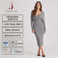 Robe pull mi-longue côtelée gris chiné à manches longues Joydressing, col en V croisé, moulante pour femme, vente en gros, personnalisable