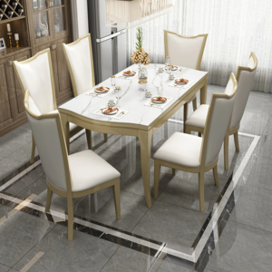 Luxury Light Gold Solid Wood Dining <b>Table</b> Set, 4/6 Seater Upholstered Chair Dining Set for Home <b>Kitchen</b> & Dining Room - Product Image 1