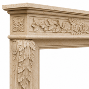 Traditional Marble Fireplace Mantel With Ornate Carving Sunny Golden Beige Stone Indoor Wood Burning Hearth For Dining Room - Product Image 4