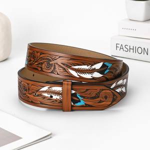 <span class=keywords><strong>Cinturón</strong></span> Vintage <span class=keywords><strong>sin</strong></span> <span class=keywords><strong>Hebilla</strong></span> para <span class=keywords><strong>Hombre</strong></span> y Mujer, Estilo Punk, Estampado Floral, con Plumas, Accesorios de Moda Vaquera Americana Occidental, 1.5 Pulgadas - Product Image 3