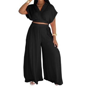 Women's Casual Vacation Style Lapel Short Top High Waisted Wide Leg <b>Pants</b> 2 Piece Set Fashion - Product Image 4