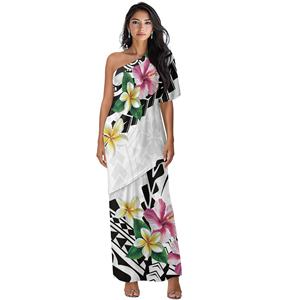 Blanco con patrón tropical Mujeres Sexy Trajes de 2 piezas Vestido Elegante Polinesia Fuera del hombro Top y vestidos largos Maxi Conjunto de falda - Product Image 1