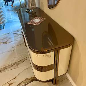 <span class=keywords><strong>Console</strong></span> de luxe à bords incurvés en <span class=keywords><strong>laque</strong></span> blanche avec garniture en métal or rose, meuble d'entrée moderne - Product Image 6