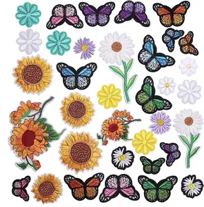 Embroidery Patches Sunflowers Butterfly Daisy Flower Set Sew/Iron On Patch Applique For Clothes Dress Hat Jeans DIY Accessories