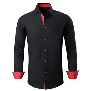 Groothandel Oem Geborduurd Luxe Slanke Pasvorm Met Lange Mouwen Zwart Ademend Zakelijk Overhemd Voor Heren