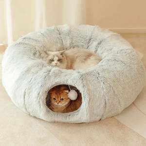 Lit tunnel moderne pour chat avec matériau en peluche doux et antidérapant Jouet d'aire de jeux pour chatons et chiots en forme de tube pour les voyages - Product Image 2