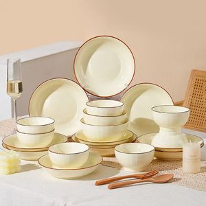 Factory Direct China Porcelain Tableware Cream-Colored Red-Rimmed Large Dinnerware <b>Set</b> <b>Microwave</b> & Dishwasher Safe Eco-Friendly - Product Image 1
