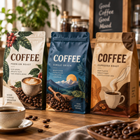 Sacs d'emballage pour café personnalisés, pochette à huit soudures latérales avec valve à fermeture éclair, résistants à l'humidité, mats, de qualité alimentaire, pour l'emballage des grains de café