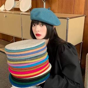 Automne hiver couleur unie décontracté laine large bord Vintage adulte chaud style peintre laine tricot chapeau cachemire béret pour femmes - Product Image 1
