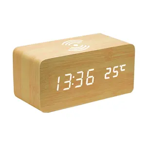 EMAFホットセール携帯電話Qiワイヤレス充電木製目覚まし時計温度日付表示付き