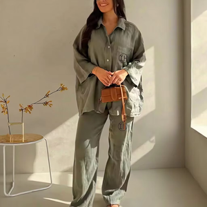 Abiti di cotone <span class=keywords><strong>Oversize</strong></span> di fabbrica in lino in tinta unita camicetta con bottoni e pantaloni larghi a gamba dritta set di 2 pezzi per <span class=keywords><strong>donna</strong></span> - Product Image 5