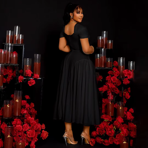 Nouvelle Arrivée 2025 – Robe Mi-Longue Évasée Décontractée à Col Bateau et Manches Courtes Grande Taille pour Femme avec Logo Avant, Idéale pour Fêtes et Invités de Mariage - Product Image 6