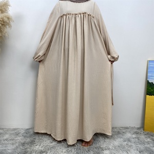 Women's Crew Neck Closed Abaya - Cute Bust Pleats & Big Sleeves <b>Maxi</b> Dress, Wrinkle Crepe Fabric with Side Pockets (Style 6694#) - Product Image 5