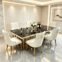 Table à manger haut de gamme en acier inoxydable de grande taille pour 10 personnes avec plateau en marbre et pieds dorés, prix de gros assemblé