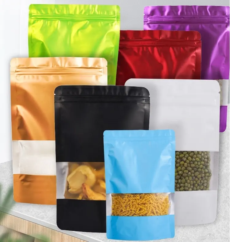 Bisküvi aperatifler fındık için özelleştirilmiş renkli Kraft Stand-up torbalar kurutulmuş meyveler çay poşeti alüminyum folyo pencere ambalaj