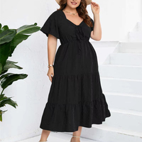 Robe d'été pour femmes à col en V taille haute à manches courtes Grande taille Robe unie de couleur unie Grande taille pour femmes