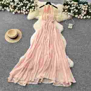 Robe midi d'été pour femme, durable, respirante, tissée, col en V romain, coupe ajustée, décontractée, infroissable, lavable, style Empire, dos nu, bretelles spaghetti - Product Image 2