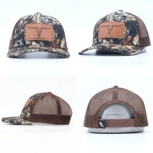 Snapback 6 Panel de malla Gorras Camuflaje Caza Parche de cuero personalizado Logo Cap Algodón Marrón Camo Trucker Hat Sombreros de béisbol - Product Image 2