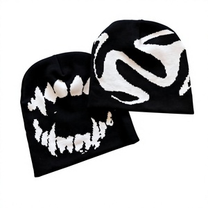 Black Jacquard Beanie Hat 100% Acrylic Unisex <b>Winter</b> <b>Cap</b> Character Pattern Street Style 56-58cm Casual Headwear - Product Image 1