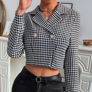 Notched Kraag Met Lange Mouwen Zwart Wit Plaid Cropped Blazer Vrouwen Koreaanse Stijl Tweed Jas