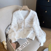 Cardigan tricoté décontracté pour femme, col en V, style vintage, en fausse fourrure de vison, manches longues, coupe ample, avec volants, écoresponsable, pour la maternité