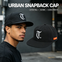 Casquette snapback noire en cuir avec étiquette latérale tissée et broderie 3D personnalisée pour hommes, style urbain, skateboard, hip-hop, usage quotidien et mode.