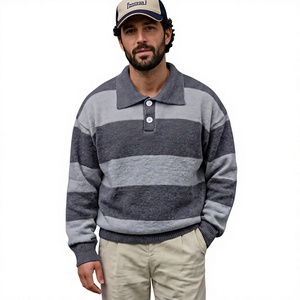 Men's Striped Knitted Pullover Sweater With Collar And Button Closure Autumn Wear Full Sleeve Regular Fit 100% Acrylic - Product Image 3
