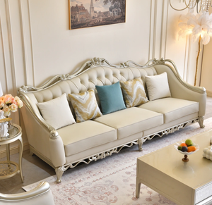 Juego de Sofás de Cuero de Alta Gama, Muebles Tallados en Madera Maciza de Estilo Francés para Sala de Estar, Estilo Europeo, Nuevo - Product Image 1