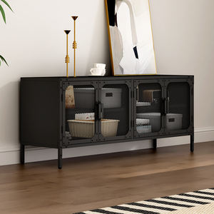 خزانة تلفزيون عصرية وأنيقة بأبواب شبكية معدنية سوداء وسطح خشبي مع حل تخزين بأربعة أبواب للمنزل أو الفندق أو ملفات المكتب - Product Image 3