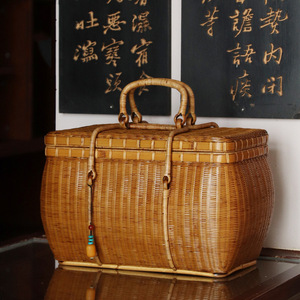 Rattan Woven Tea Storage <b>Box</b> 20-35L Rectangle Handle Portable Travel Bag Food Container Business <b>Gift</b> - Product Image 4