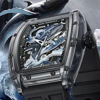 Montre mécanique automatique pour homme Mark Fairwhale, boîtier en acrylique 46 mm, bracelet en caoutchouc, étanche, lumineuse, classiques montagne et mer FW-6880