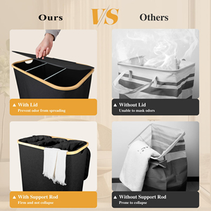Custom Collapsible Bamboo Laundry Basket Cotton Foldable Dirty <strong>Hamper</strong> with Lid and 3 Removable Bags Handle for <strong>Family</strong> - Product Image 4