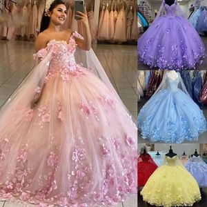 Pink Off Shoulder Floral Ball Gown Empire Waist Chiffon Prom Dress With 3D Flowers For Adult Ceremony Tutu Skirt Multiple Colors - Product Image 1