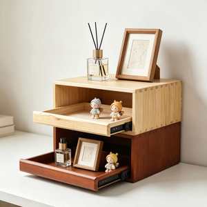 Solid Wood Desktop <b>Storage</b> <b>Box</b> With <b>Drawer</b> And Tier For Coffee Utensils Jewelry Fragrance Display - Product Image 2