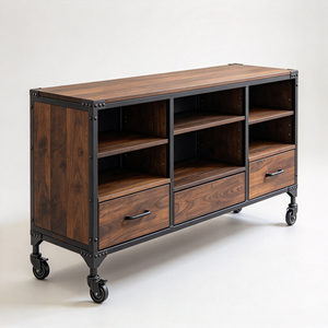 Meuble TV industriel, console multimédia, armoire de rangement en bois avec roulettes, unité de divertissement roulante pour salon - Product Image 2