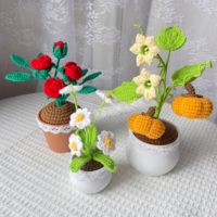 YICAI Bunga Mawar Rajut, Hadiah Valentine Ornamen Rajutan Tangan Bonsai Tanaman Buatan Pot