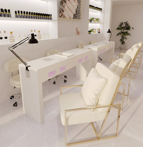 Mesa de manicura moderna color crema con luz LED y marco de metal dorado para salón de uñas - Product Image 4
