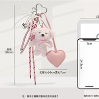 Porte-clés chic en forme de cœur en cuir avec mini ours en peluche de luxe et pendentif animal, accessoire de sac pour femme avec corde tressée douce