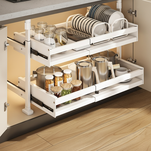 Étagère <span class=keywords><strong>de</strong></span> rangement <span class=keywords><strong>de</strong></span> cuisine en métal sur pied, sans perçage, sous-<span class=keywords><strong>meuble</strong></span>, double niveau, extensible, <span class=keywords><strong>avec</strong></span> <span class=keywords><strong>panier</strong></span> coulissant intégré - Product Image 2