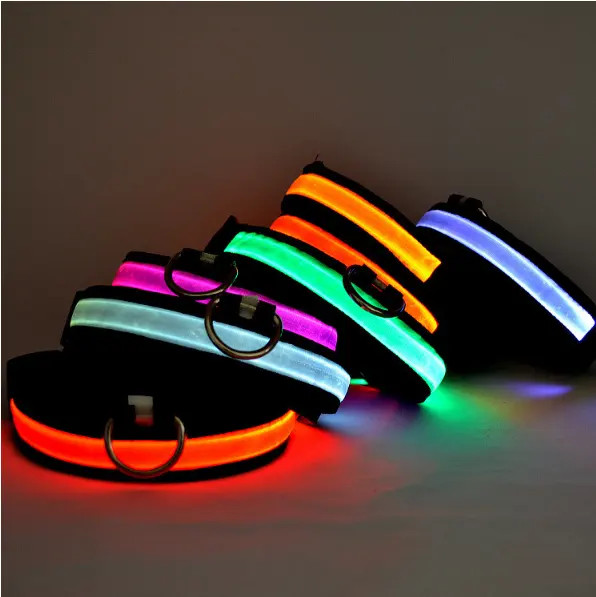 Wholesale pet accessories led reflective safety adjustable nylon dog collar USB rechargeable collar