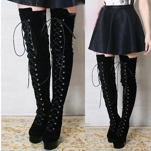 Chaussures de travail pour femme d'hiver, bottes en fourrure à lacets, bottes épaisses au-dessus du genou, talons hauts de <span class=keywords><strong>6</strong></span> pouces, chaussures de soirée, bottes longues de 15 cm, chaussures de scène - Product Image 2