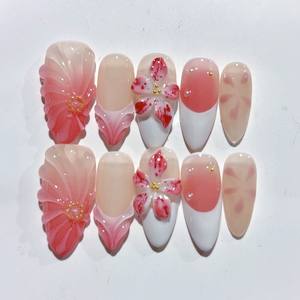 Nouveau Produit Idées 3D Fleur Acrylique Nail Art Moyen Amande Pas Cher Rose Kawaii 10Pcs Manucure Fait Main Long Amande Presse sur <span class=keywords><strong>Ongles</strong></span> - Product Image 4