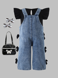 Completo alla Moda per Bambine, Stile Primaverile, Salopette in Denim Casual con Stampa per Bambini, Pantaloni Stampati alla Moda per Neonati - Product Image 4